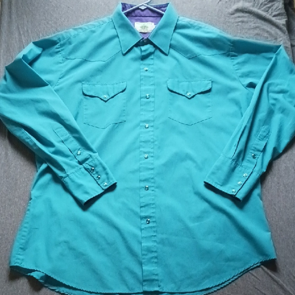 Vintage Teal Purple Western Style Casual Button Down Shirt with Pearl Snap